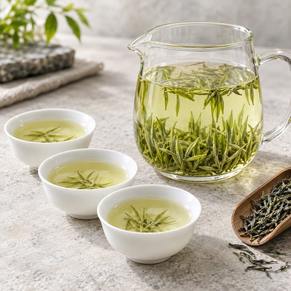 Brewed Bulk Xinyang Maojian Green Tea with clear liquor