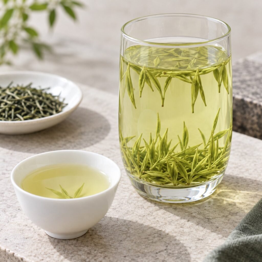 Brewed First Grade Xinyang Maojian Tea with clear liquor