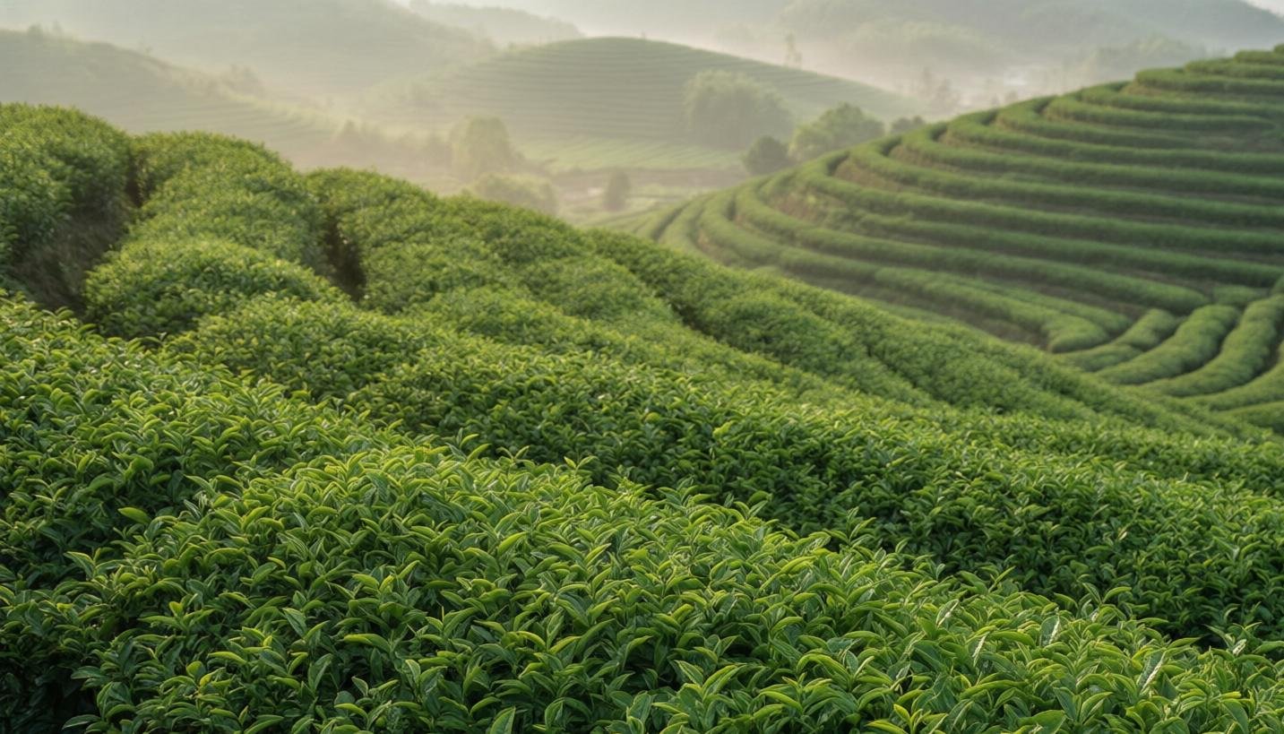 Rows of tea plants on a managed plantation in China