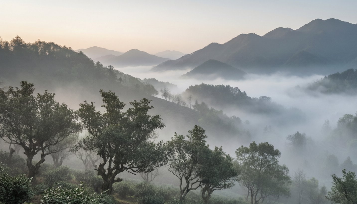 Misty tea mountain in a Chinese tea-growing region