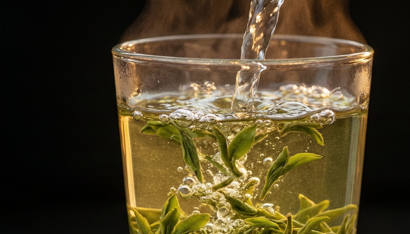 Pouring hot water over tea leaves