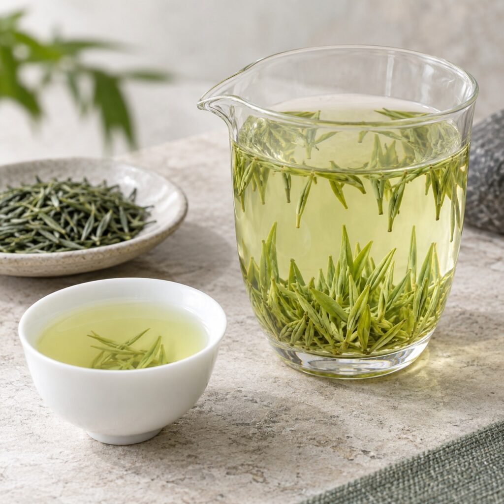 Brewed Pre-Guyu Xinyang Maojian Tea with clear liquor