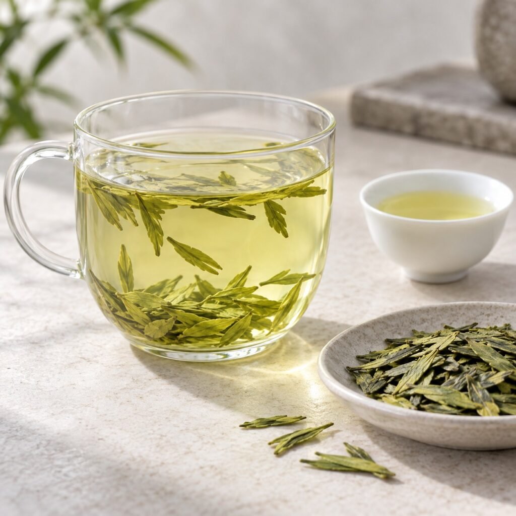 Brewed Premium Longjing tea with clear pale green liquor