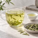 Brewed Premium Longjing tea with clear pale green liquor