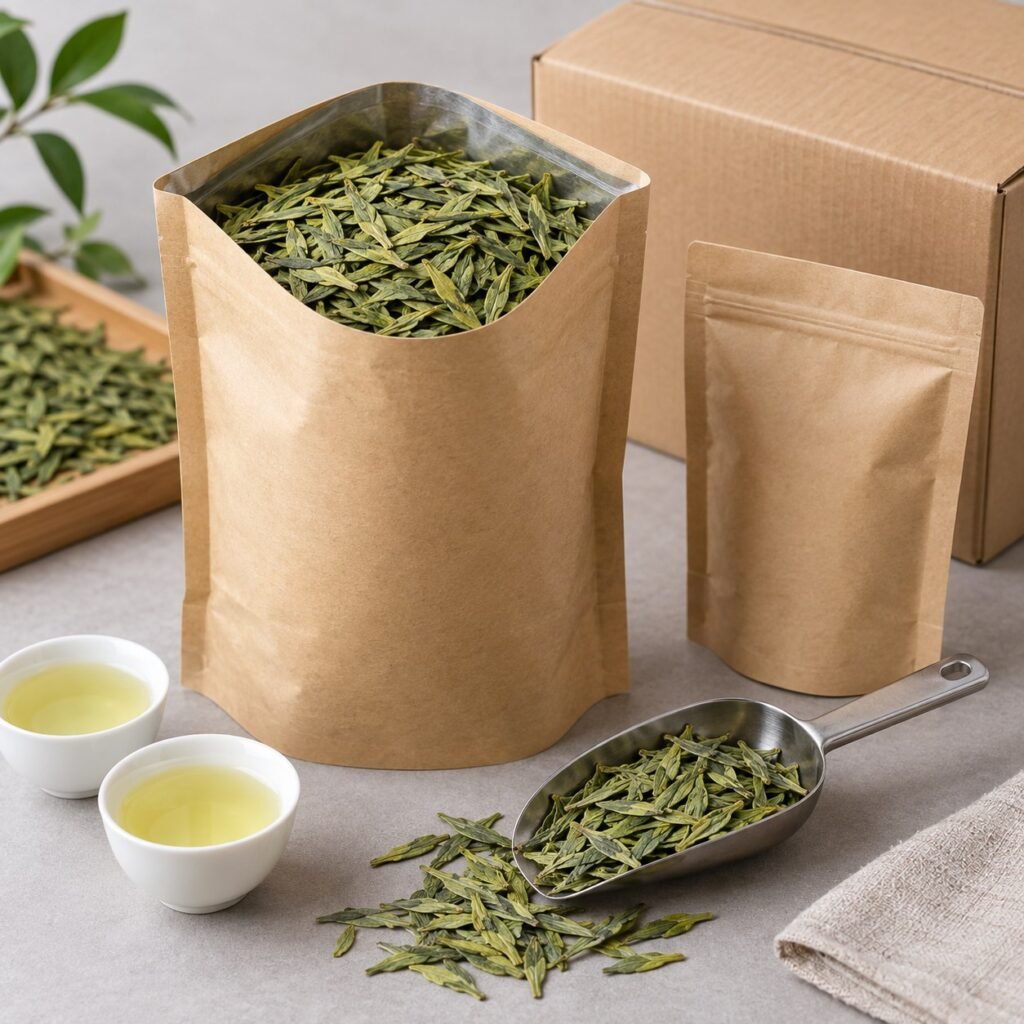 Bulk Longjing tea in unbranded food-grade packaging