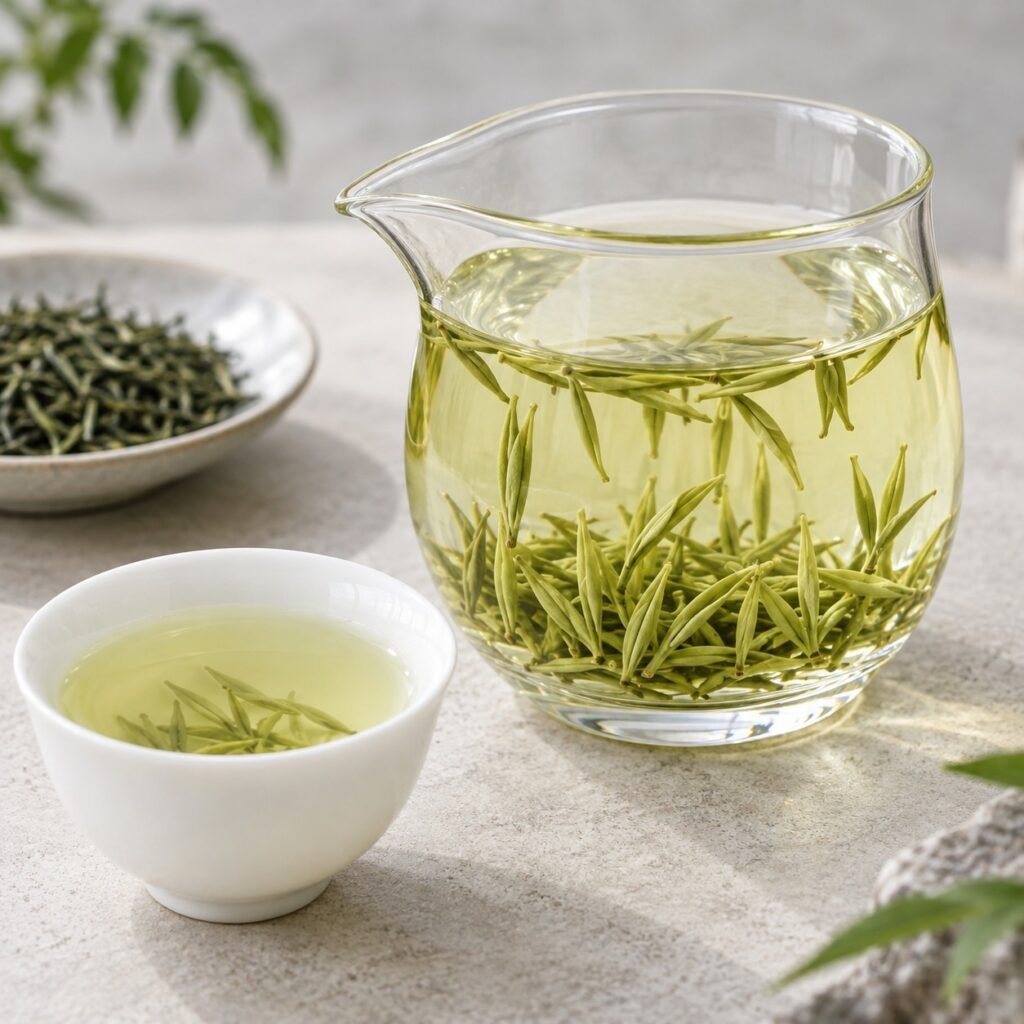 Brewed Premium Xinyang Maojian Tea with clear liquor