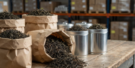 Chinese black tea packaging options in bulk sacks, tea bags, and retail pouches