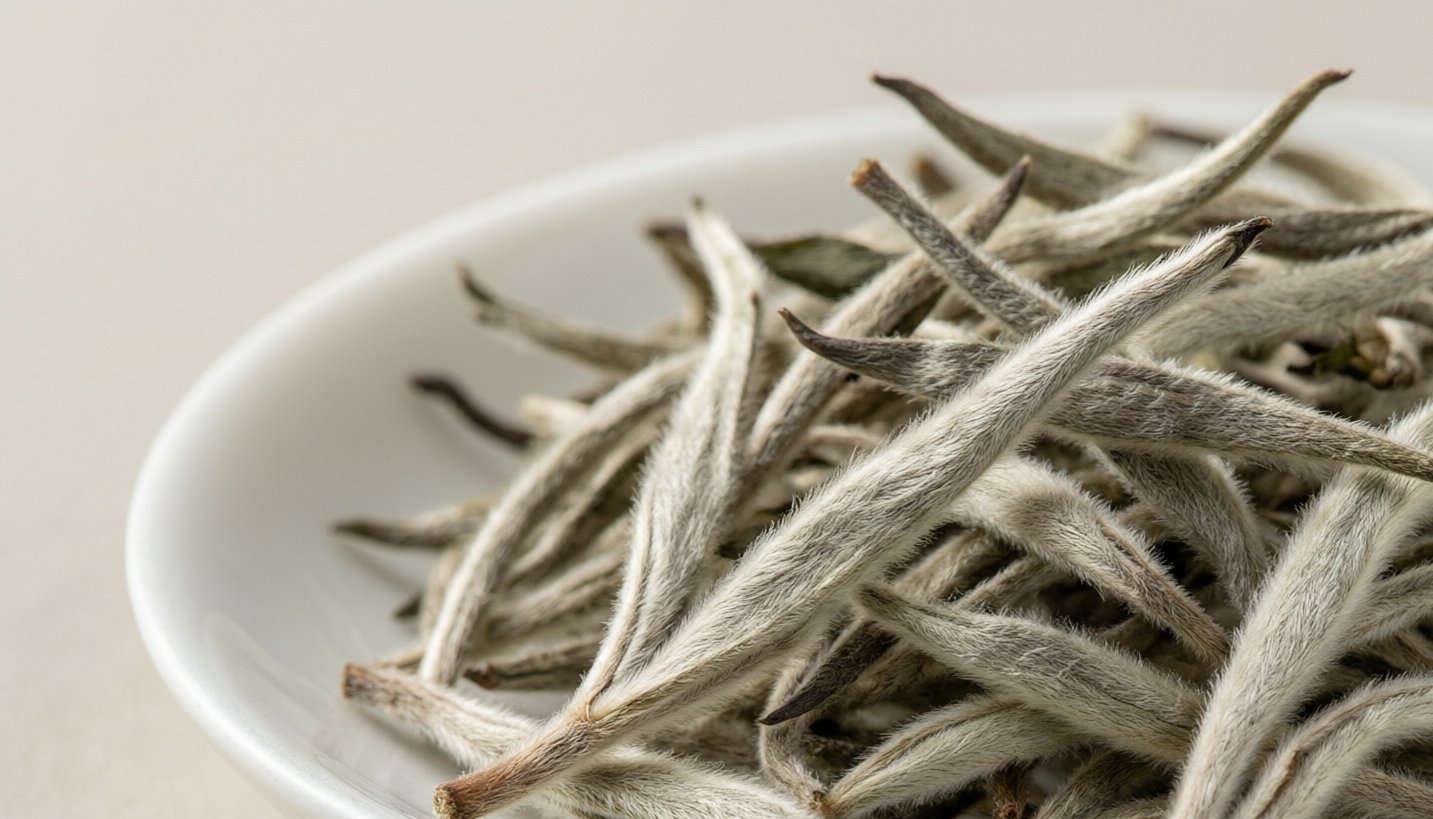 Silver Needle white tea leaves of the type used in many white tea cakes