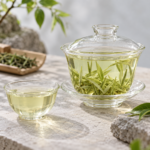 Brewed Anji White Tea with pale yellow-green liquor